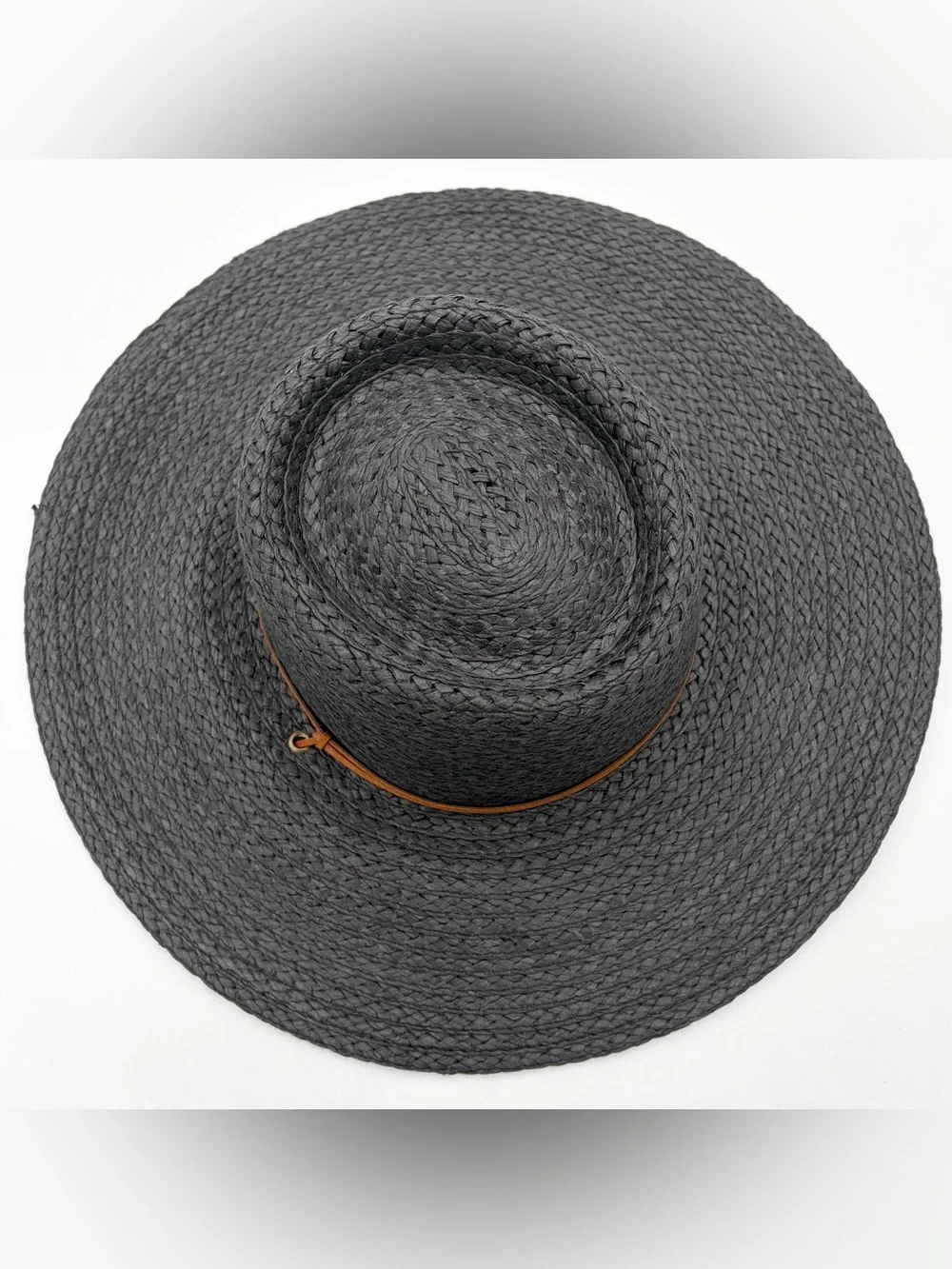 Black Wide Brim Straw Sun Hat with Brown Chin Cord